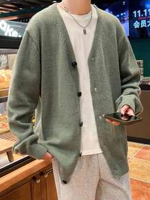 Claim Dot 男士素色休閒百搭日常穿搭開襟毛衣 - 軍綠色 - 查看 1