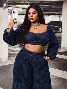 Slaydiva Randig långärmad kort denimtopp med veck för kvinnor i plus size, utan stretch - Mörktvätt - Visa 8