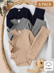 SHEIN 新生兒休閒嬰兒服裝套裝 中性連身衣 秋冬長袖輕便褲 粉色卡其印花套裝 成套搭配 - 彩色 - 查看 1