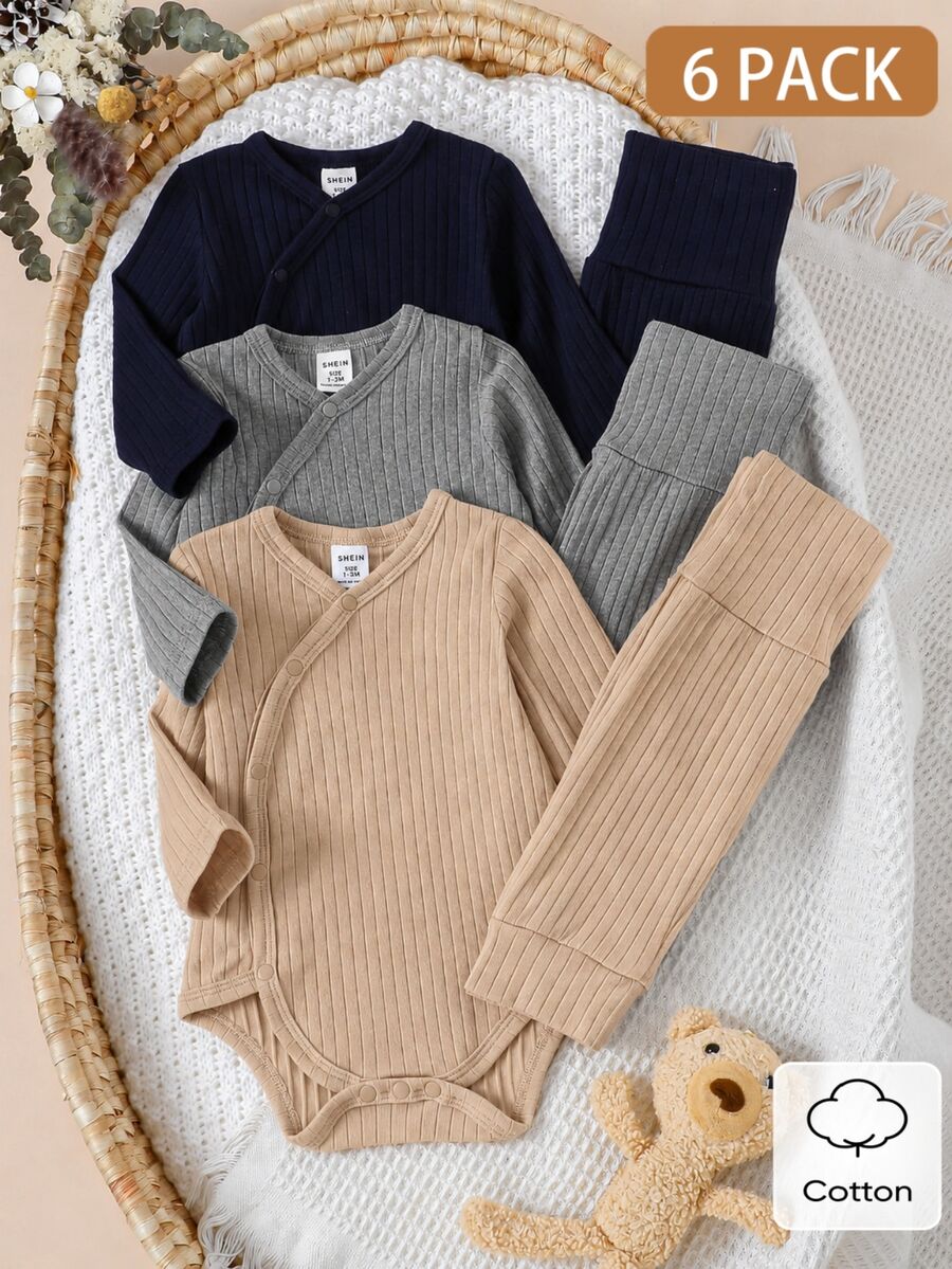 SHEIN 新生兒休閒嬰兒服裝套裝 中性連身衣 秋冬長袖輕便褲 粉色卡其印花套裝 成套搭配 - 彩色 - 查看 1
