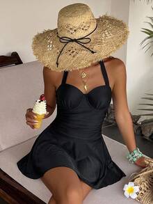 Livesso Baju Renang Terusan Model Halter Neck Warna Polos yang Mempesona dan Melangsingkan, Dilengkapi Celana Pendek, Cocok untuk Liburan di Pemandian Air Panas. - Hitam - View 8