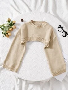 SHEIN Tween Girls Brown Color Stripe Pattern Drop Shoulder Super Crop Y2K Grunge Sweater, Suitable For Daily Wear, Casual Occasion - Khaki - View 3