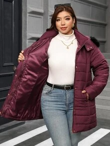SHEIN Clasi 大尺碼女款純色休閒百搭冬季連帽填充外套 - 酒紅色 - 查看 8