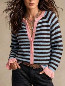 SHEIN Women's Striped Colorblock Casual Daily Cardigan - Blue - View 1