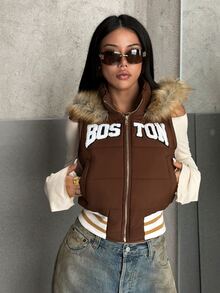 EgrlEra Maillard Style Boston Towel Embroidery Fur Collar Hooded Short Vest Retro Contrast Color Striped Hem Sleeveless Jacket - Brown - View 6