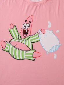 SpongeBob SquarePants | SHEIN Bộ đồ mặc nhà thường ngày nam size lớn họa tiết hoạt hình, áo tay ngắn và quần short - Hồng - Xem 3