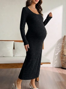DAZY Solid Color Fitted Waist Elastic Square Neck Long Sleeve Flare Skirt Elegant Vacation Daily Spring Autumn Maternity Dress - Black - View 3