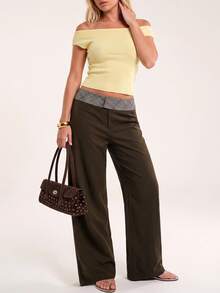 Avantive Women's Waist Patchwork Plaid Wide Leg Loose Long Pants - Coffee Brown - View 6