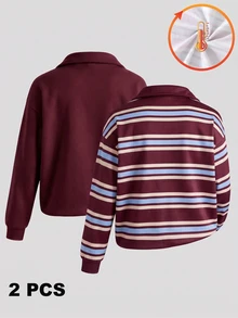 SHEIN Sparklyn طقم من قطعتين من الفليس للفتيات المراهقات، سويت شيرت بولو بسحاب ربع مخطط وسادة، بتصميم ريترو للخريف والشتاء - عنابي اللون - مشاهدة 2