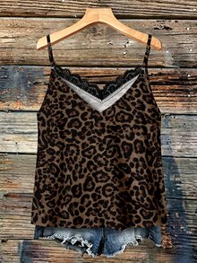 SHEIN VCAY Plus Size Women's Contrast Lace Leopard Print Fashion Camisole - Multicolor - View 2