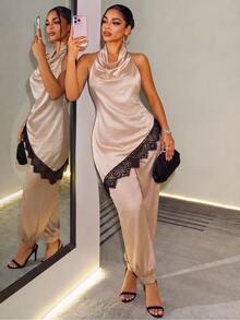 BamGleam Champagne Satin Draped Neck Cowl Neck Set For Women, Asymmetrical Lace Trim Top And Cuffed Lantern Pants 2 Pieces Set - Champagne - View 1