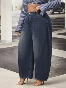 Slaydiva Celana Jeans Wanita Ukuran Besar dengan Saku dan Efek Cuci Vintage, Potongan Kaki Melengkung - Dark Wash - View 5