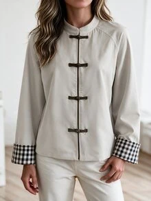 Louniche Women's Plaid Patchwork Casual Versatile Daily Long Sleeve Jacket - Apricot - View 4
