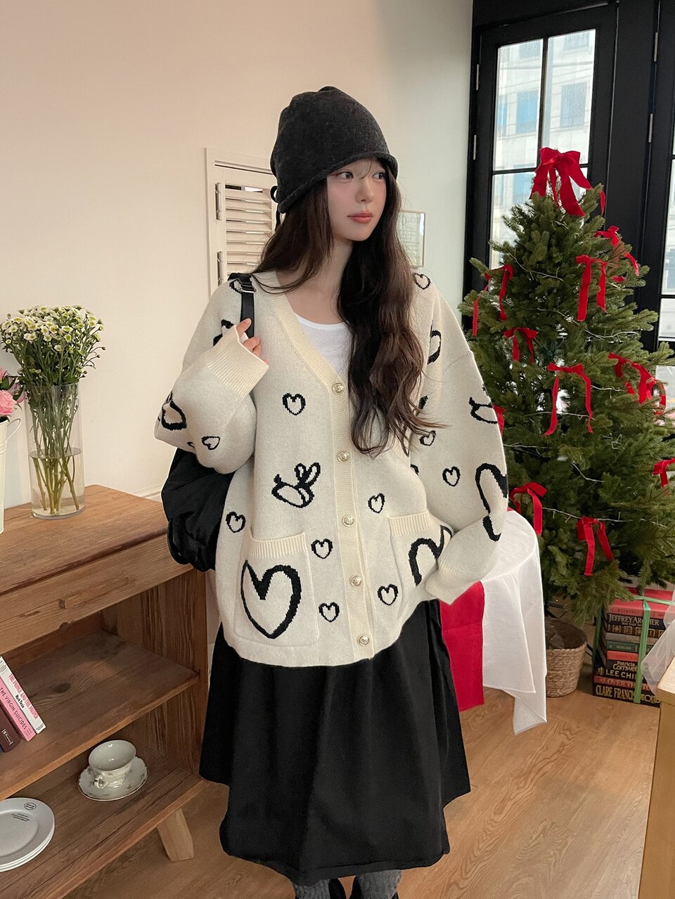 Women's V-Neck Heart Pattern Korean Style Long Sleeve Colorblock Cardigan, Autumn/Winter