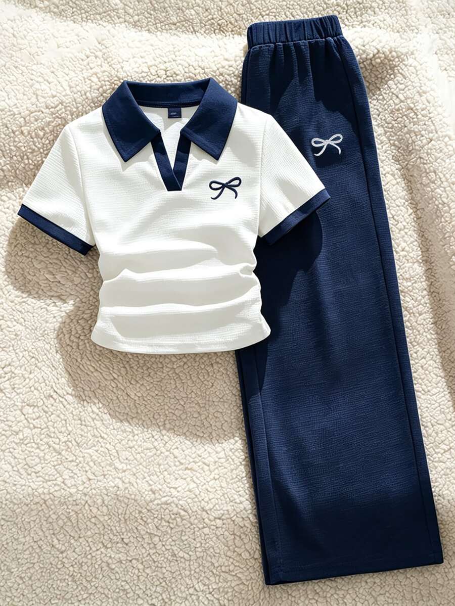 SHEIN Sparklyn 2件組青少年女孩套裝，翻領半排扣短袖T恤上衣配蝴蝶結圖案，寬鬆寬腿長褲，夏季2件套 - 彩色 - 查看 1