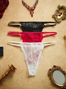 PinupPomp Women's 3pcs Mixed Color Lace Eyelash Trim Sexy Panties Low Waist Triangle Thong - Multicolor - View 2