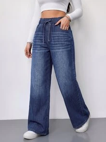 SHEIN Tall Women's Drawstring Waist Pocket Casual Daily Travel Jeans - Dark Wash - View 5
