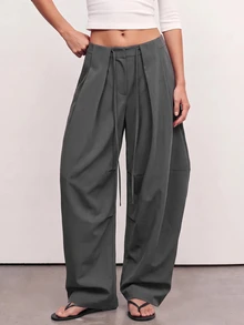 Avantive Women's Simple Pleated Tie Waist Loose Long Pants For Vacation & Travel - Grey - View 6