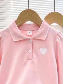 Elladie kids 女童 3件組長袖 Polo 衫，立領精緻愛心刺繡，修身長袖 T-shirt，適合返校季 - 彩色 - 查看 3