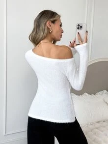 Easowa Women's Solid Color Asymmetrical Shoulder Long Sleeve Slim Fit Casual T-Shirt - White - View 4