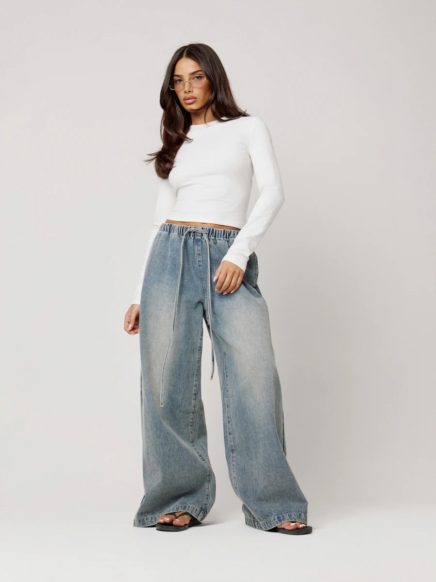 Musera Petite Grey Drawstring Denim Trousers Autumn Winter Back To School Daily Everyday - Blue - View 1