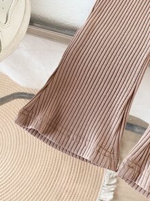 SHEIN 2Pcs Baby Unisex Ribbed Knit Hooded LongSleeve Top & Flare Pants Set, Casual Solid Color Outfit - Coffee Brown - View 4