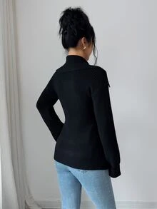 Elenzga Women's Autumn/Winter Elegant Sexy Oversized Collar Waist-Cinching Knit Cardigan - Black - View 2