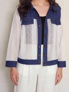 Lacomfia Women's Casual Elegant Lace Patchwork Design Loose Long Sleeve Plus Size Jacket - Multicolor - View 7