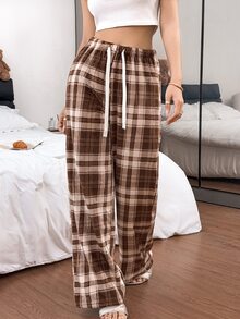 Napfluff American Retro Plaid Pajama Pants, Lazy Women's Autumn/Winter Plush Elastic Waist Wide Leg Long Pants - Multicolor - View 6