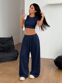 SHEIN PETITE 女款純色短版圓領T恤與長褲休閒兩件套 - 藏蓝色 - 查看 1