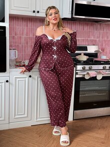 Slumberry CURVE طقم بيجامة نسائي مقاس كبير بطبعة قلب من قماش محبوك بأكمام طويلة وبنطال طويل - ابيض واحمر - مشاهدة 3