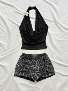 Soleia Women's Solid Color Metal Decor Halter Top And Leopard Print Shorts Casual Daily 2 Pieces Set - Grey - View 3