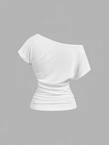 SHEIN MOD 休閒百搭抓皺不對稱單肩T恤，夏季上衣 - 棕色 - 查看 9