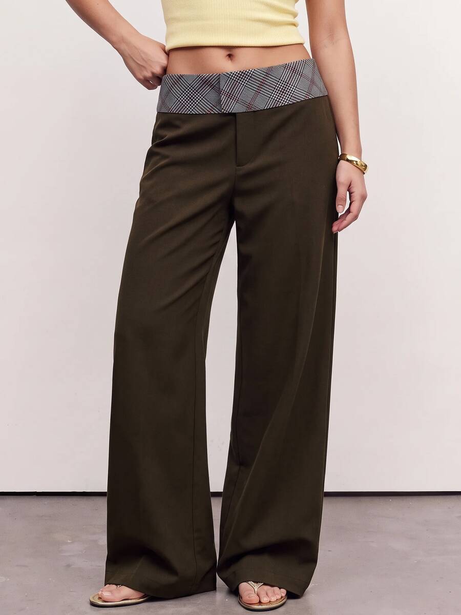 Avantive Women's Waist Patchwork Plaid Wide Leg Loose Long Pants - Coffee Brown - View 1