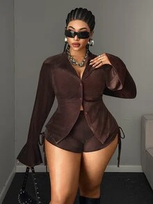 Maweii Sexy Slim Fit Waist-Cinching Top And High-Waist Drawstring Mini Shorts, Plus Size Brown 2 Pieces Set - Coffee Brown - View 2
