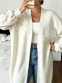 Linhara CURVE Plus Size Women's Autumn/Winter French Style Cream White Knitted Long Cardigan With 3D Rope Floral Embroidery, Lantern Sleeves, Casual Versatile Loose Fit Slimming Sweater Jacket, Suitable For Daily Commute, Dating And Other Occasions - White - View 3
