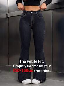 SHEIN PETITE 女款休閒日常喇叭牛仔褲，附口袋與鈕扣設計 - 深色水洗藍 - 查看 7