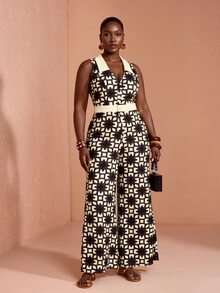 JIAN LASALA Jumpsuit Kasual Musim Panas Wanita Ukuran Plus Tanpa Lengan dengan Kerah dan Kancing, Motif Aneka Warna Kontras Warna - MultiWarna - View 1