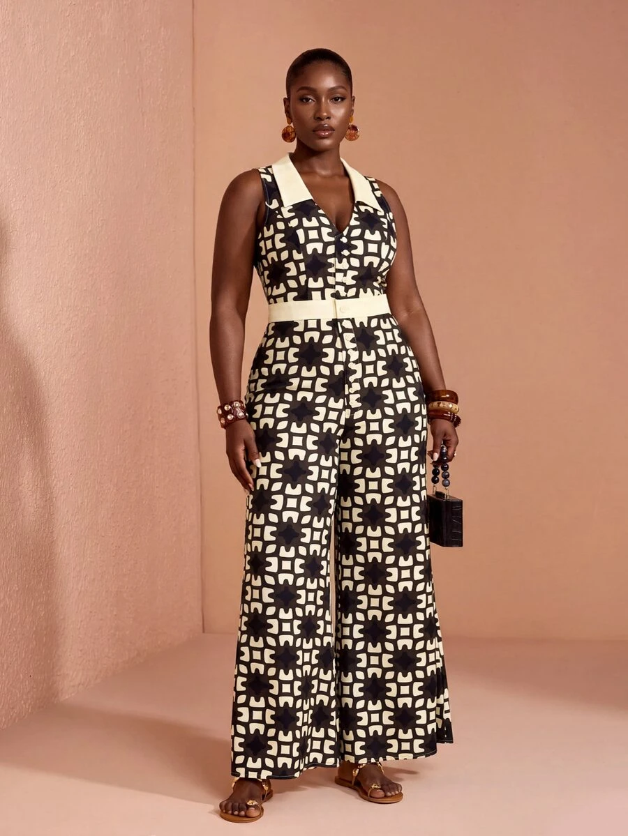 JIAN LASALA Jumpsuit Kasual Musim Panas Wanita Ukuran Plus Tanpa Lengan dengan Kerah dan Kancing, Motif Aneka Warna Kontras Warna - MultiWarna - View 1