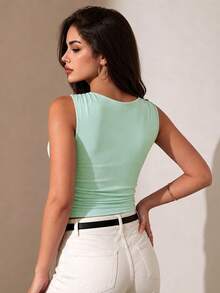 Glamine Plus Size Women Solid Color Round Neck Pleated Casual Tank Top - Mint Green - View 2