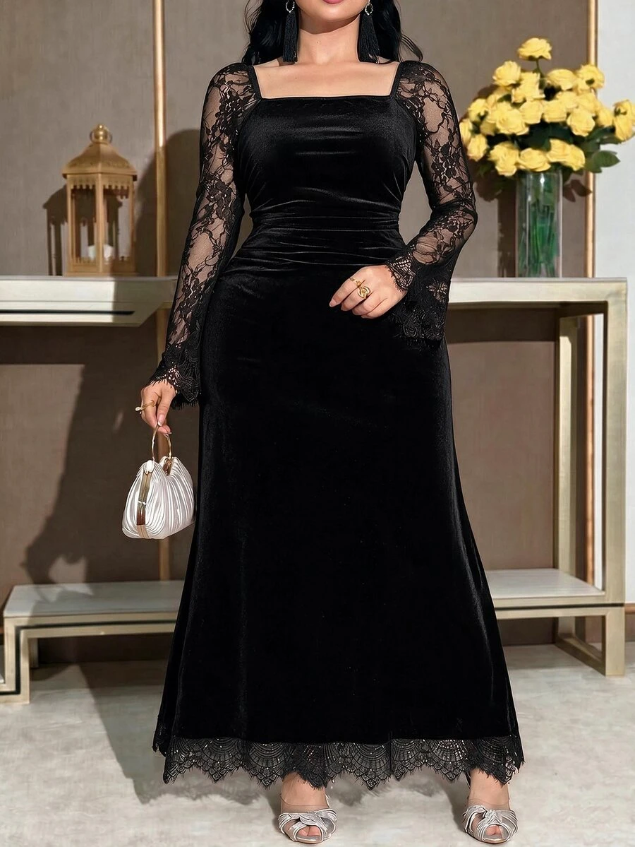 Modelyn Plus Size Women's Square Neck Contrast Lace Flared Sleeve Elegant Dress - Black - View 1