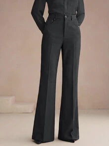 Anewsta Essential Women's Dark Gray Suit Pants With Rivet Pockets, Elegant Fashionable Business Casual Flare Leg Trousers - Dark Grey - View 7