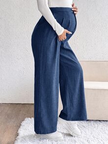 SHEIN 孕婦純色百褶寬腿鬆身長褲休閒款 - 藍色 - 查看 3