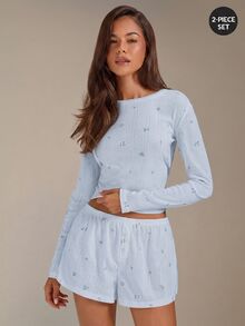 Athîral Set Pakaian Santai Wanita Motif Bunga Kecil Lengan Panjang dan Celana Pendek - Baby Blue - View 1