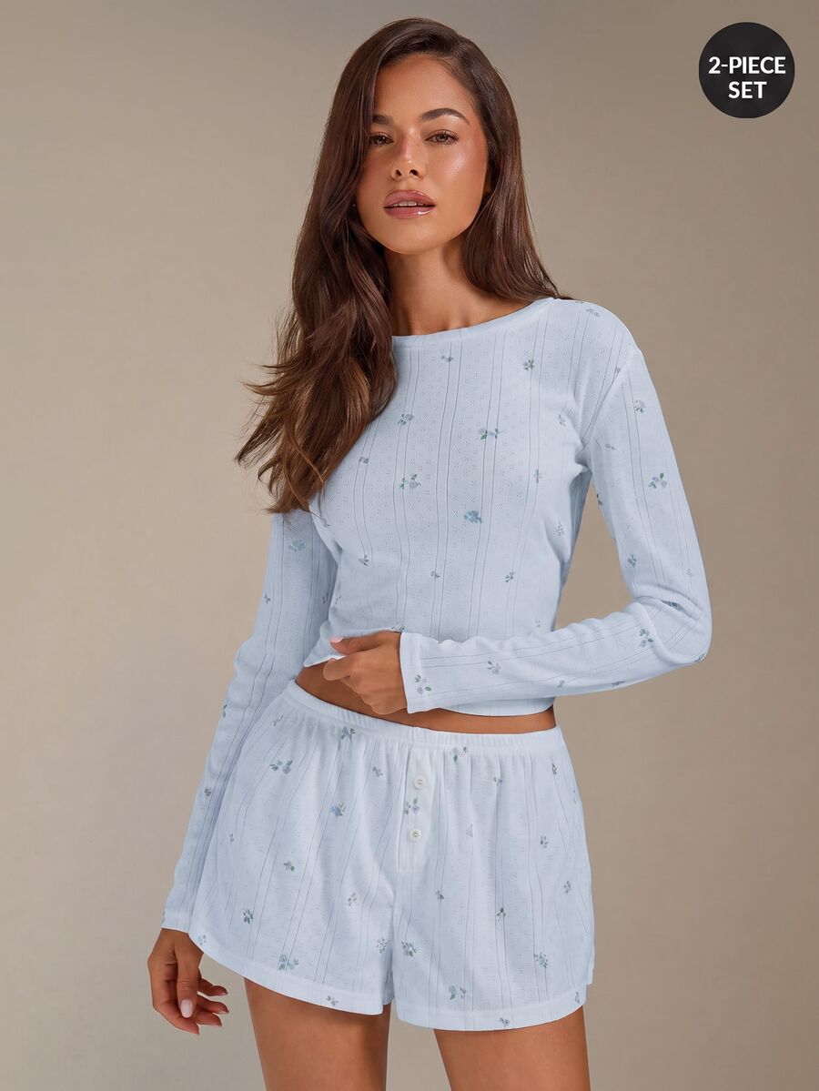 Athîral Set Pakaian Santai Wanita Motif Bunga Kecil Lengan Panjang dan Celana Pendek - Baby Blue - View 1