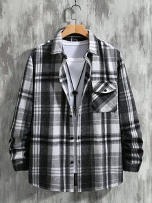 Manfinity Homme Men's Plaid Long Sleeve Single-Breasted Pocket Shacket - Black and White - View 6