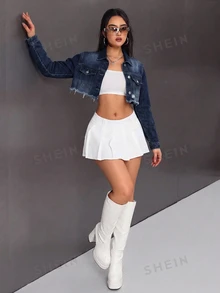 SHEIN ICON 女款毛邊下擺休閒牛仔短款水洗夾克 - 深色水洗藍 - 查看 3