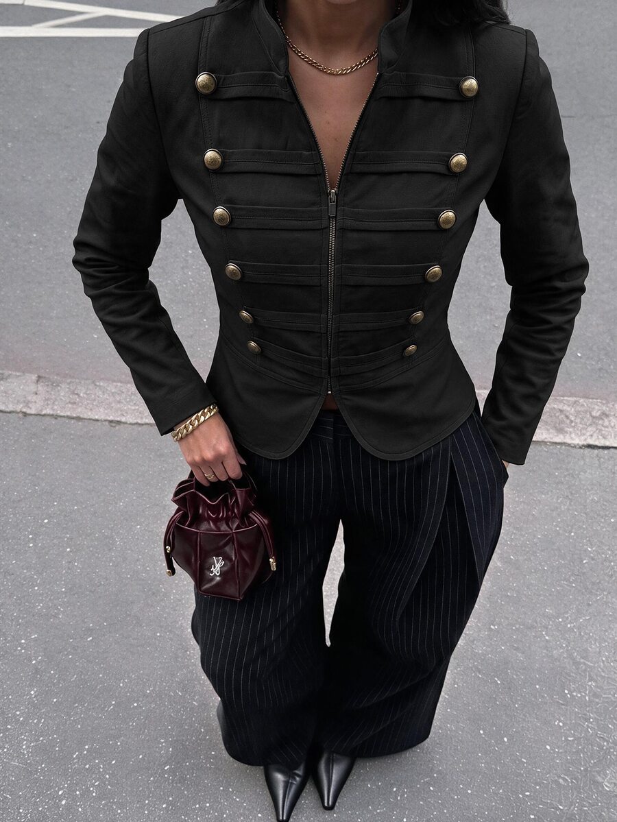 Lavishia Women's Light Khaki Slim Fit Zipper Front Napoleon/Military Style Jacket, Summer Outfit, Outing, Country Concert Attire, Summer Top - Black - View 1