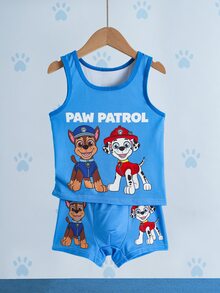 SHEIN | PAW Patrol طقم تانك توب وشورتات بطباعة كرتونية وحروف للأولاد الصغار - ازرق ضبابي - مشاهدة 3