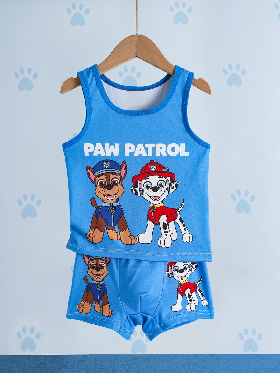SHEIN | PAW Patrol Young Boy Letter Cartoon Print Tank Top And Shorts Set - Dusty Blue - View 1